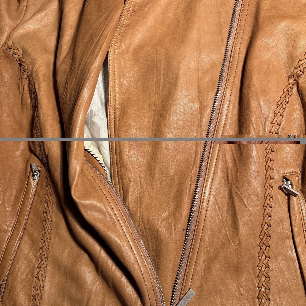 Cole Haan Collection Tan Lambskin Leather Whipstitch Moto Jacket Womens Medium - Picture 6 of 16